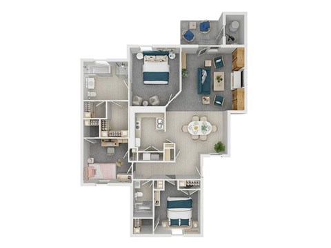 Floor plan for 3 beds, 2 baths, 1379 sqft